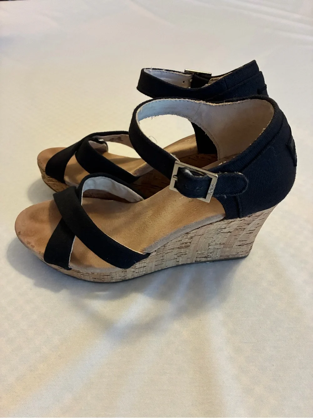 Toms Black Cork Wedge Sandals with Ankle Buckle